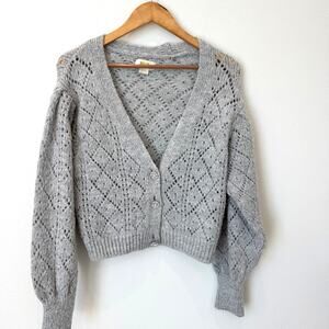 Anthropologie Maeve Pointelle Open Knit Cardigan Gray Sweater- Jeweled Buttons